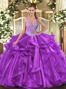 Custom Made Eggplant Purple Ball Gowns Straps Sleeveless Organza Floor Length Lace Up Beading and Ruffles Military Ball Dresses For Women