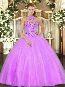 Unique Lilac Lace Up 15th Birthday Dress Embroidery Sleeveless Floor Length