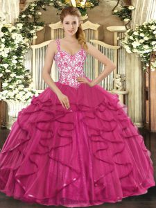 Hot Pink Tulle Lace Up Sweet 16 Dresses Sleeveless Floor Length Beading and Appliques and Ruffles