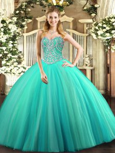 Attractive Tulle Sweetheart Sleeveless Lace Up Beading Quinceanera Gown in Aqua Blue