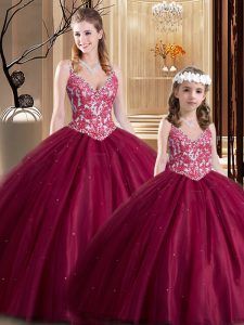 Wine Red Sleeveless Floor Length Lace Lace Up Sweet 16 Dress