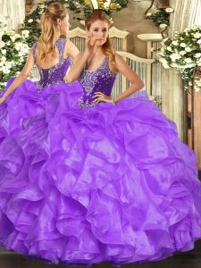 Affordable Straps Sleeveless Organza Quinceanera Dresses Beading and Ruffles Lace Up