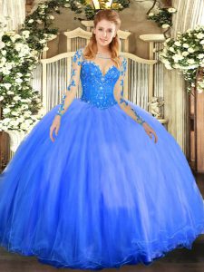Luxurious Floor Length Ball Gowns Long Sleeves Blue Vestidos de Quinceanera Lace Up