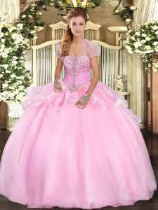 Floor Length Baby Pink Sweet 16 Dresses Organza Sleeveless Appliques