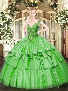 Exceptional Organza and Taffeta Lace Up V-neck Sleeveless Floor Length Quinceanera Gowns Beading and Ruffled Layers
