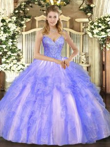Extravagant Lavender Sleeveless Tulle Lace Up 15th Birthday Dress for Military Ball and Sweet 16 and Quinceanera