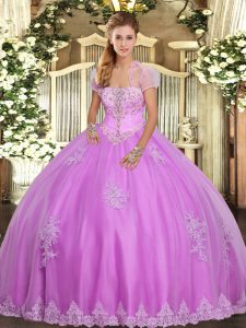 Deluxe Lilac Sleeveless Floor Length Appliques Lace Up Quinceanera Dress