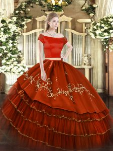 Latest Rust Red Short Sleeves Floor Length Embroidery and Ruffled Layers Zipper Vestidos de Quinceanera