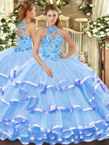 Modest Baby Blue Lace Up Halter Top Beading and Embroidery Ball Gown Prom Dress Organza Sleeveless