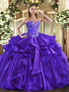 Purple Lace Up Quince Ball Gowns Embroidery and Ruffles Sleeveless Floor Length