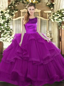 Pretty Purple Ball Gowns Tulle Scoop Sleeveless Ruffles Floor Length Lace Up Quince Ball Gowns