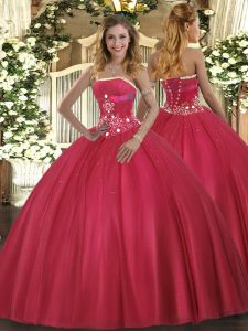 New Arrival Tulle Strapless Sleeveless Lace Up Beading Sweet 16 Dresses in Red