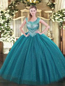 Noble Sleeveless Floor Length Beading Lace Up Quinceanera Gown with Teal