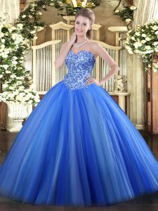 Glamorous Sleeveless Appliques Lace Up Sweet 16 Dress with Blue