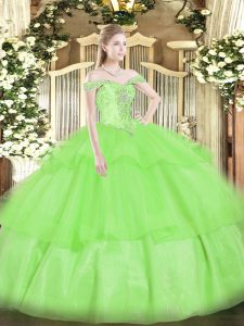 Latest Off The Shoulder Neckline Beading and Ruffled Layers Quince Ball Gowns Sleeveless Lace Up