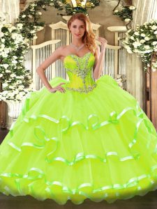 Yellow Green Sleeveless Organza Lace Up Quinceanera Dresses for Sweet 16 and Quinceanera