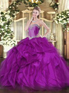 Floor Length Purple Sweet 16 Quinceanera Dress Organza Sleeveless Beading and Ruffles