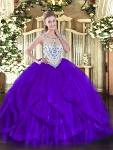 Simple Purple Vestidos de Quinceanera Military Ball and Sweet 16 and Quinceanera with Beading and Ruffles Scoop Sleeveless Zipper