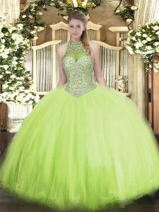 Stylish Tulle Halter Top Sleeveless Lace Up Beading Quinceanera Gown in Yellow Green