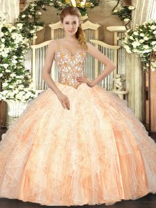 Attractive Organza Sleeveless Floor Length Quince Ball Gowns and Beading and Ruffles
