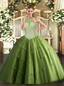 Olive Green Ball Gowns Halter Top Sleeveless Tulle Floor Length Lace Up Beading and Appliques Sweet 16 Dresses