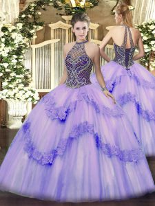 Modern Halter Top Sleeveless Lace Up 15th Birthday Dress Lavender Tulle