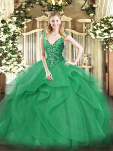 Great Floor Length Turquoise Quinceanera Gowns Tulle Sleeveless Beading and Ruffles