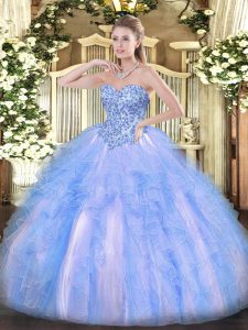 Blue And White Ball Gowns Organza Sweetheart Sleeveless Appliques and Ruffles Floor Length Lace Up Quince Ball Gowns