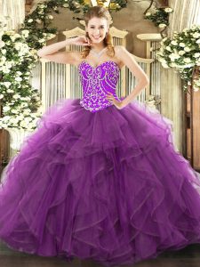 Smart Tulle Sweetheart Sleeveless Lace Up Beading and Ruffles Quinceanera Gown in Purple