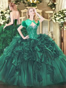 Dark Green Ball Gowns Organza Sweetheart Sleeveless Beading and Ruffles Floor Length Lace Up Party Dress