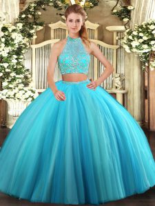 Flirting Floor Length Criss Cross Sweet 16 Quinceanera Dress Aqua Blue for Military Ball and Sweet 16 and Quinceanera with Beading