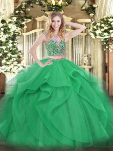 Popular Green Scoop Neckline Beading and Ruffles 15 Quinceanera Dress Sleeveless Lace Up