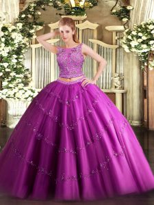 Extravagant Fuchsia Two Pieces Beading and Appliques 15th Birthday Dress Lace Up Tulle Sleeveless Floor Length