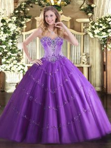 Purple Ball Gowns Tulle Sweetheart Sleeveless Beading and Appliques Floor Length Lace Up Vestidos de Quinceanera