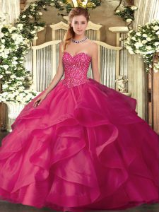 Sleeveless Tulle Floor Length Lace Up Vestidos de Quinceanera in Hot Pink with Beading and Ruffles