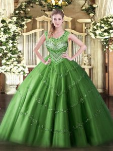 Green Scoop Lace Up Beading and Appliques Military Ball Dresses For Women Sleeveless