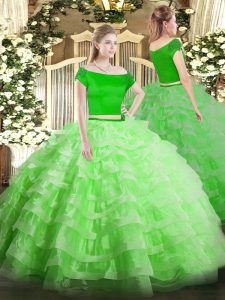 Modern Off The Shoulder Short Sleeves Tulle Ball Gown Prom Dress Appliques and Ruffled Layers Zipper
