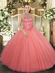 Superior Watermelon Red Ball Gowns Tulle Halter Top Sleeveless Beading and Embroidery Floor Length Lace Up Quinceanera Dress