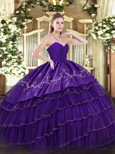 Trendy Purple Sleeveless Floor Length Embroidery and Ruffled Layers Zipper Quinceanera Gowns