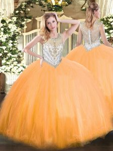Floor Length Zipper Quince Ball Gowns Orange Red for Military Ball and Sweet 16 and Quinceanera with Beading