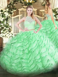 Apple Green Tulle Zipper Scoop Sleeveless Quince Ball Gowns Brush Train Lace and Ruffles