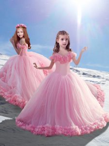 Excellent Baby Pink Off The Shoulder Lace Up Hand Made Flower Little Girl Pageant Dress Court Train Sleeveless