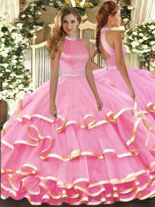 Pink Halter Top Backless Beading and Ruffled Layers Sweet 16 Dresses Sleeveless