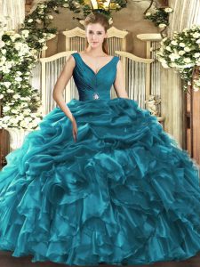 Organza V-neck Sleeveless Backless Beading and Ruffles Ball Gown Prom Dress in Teal