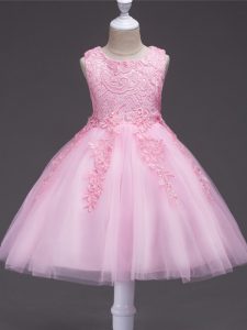 Hot Sale Scoop Sleeveless Girls Pageant Dresses Knee Length Appliques Baby Pink Tulle