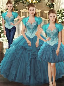 Teal Quinceanera Gowns Military Ball and Sweet 16 and Quinceanera with Beading and Ruffles Straps Sleeveless Lace Up