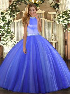Beading Sweet 16 Dresses Blue Backless Sleeveless Floor Length