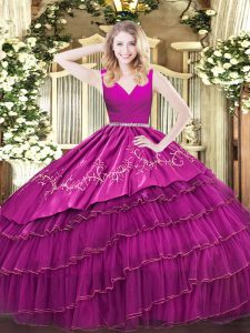 Excellent Fuchsia Satin and Organza Zipper Vestidos de Quinceanera Sleeveless Floor Length Embroidery and Ruffled Layers
