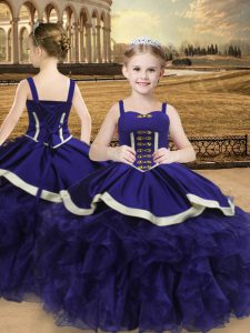 Purple Lace Up Straps Beading and Ruffles Pageant Gowns For Girls Organza Sleeveless