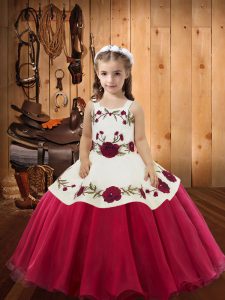 Charming Straps Sleeveless Little Girls Pageant Gowns Floor Length Embroidery Red Organza